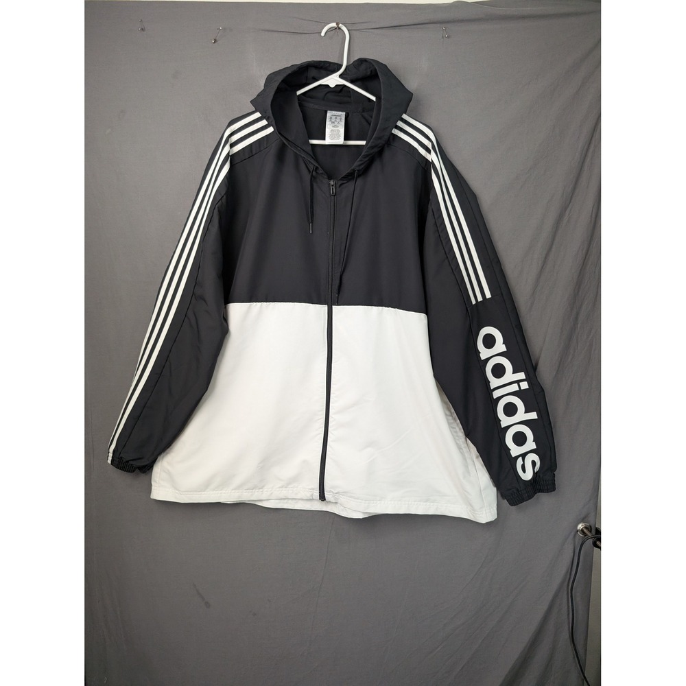 Adidas Mens Colorblock Windbreaker Jacket Black White Hooded Large 3-Stripes